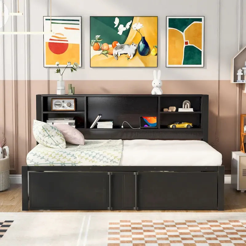 Lit de repos double en métal rembourré avec lit gigogne double, cadre de lit superposé, ports USB et étagères de rangement peu encombrant, assemblage facile