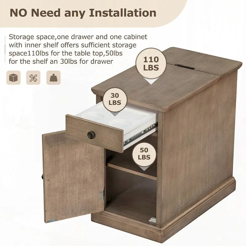 Table d'appoint avec ports USB et un tiroir multifonctionnel avec porte-gobelets
