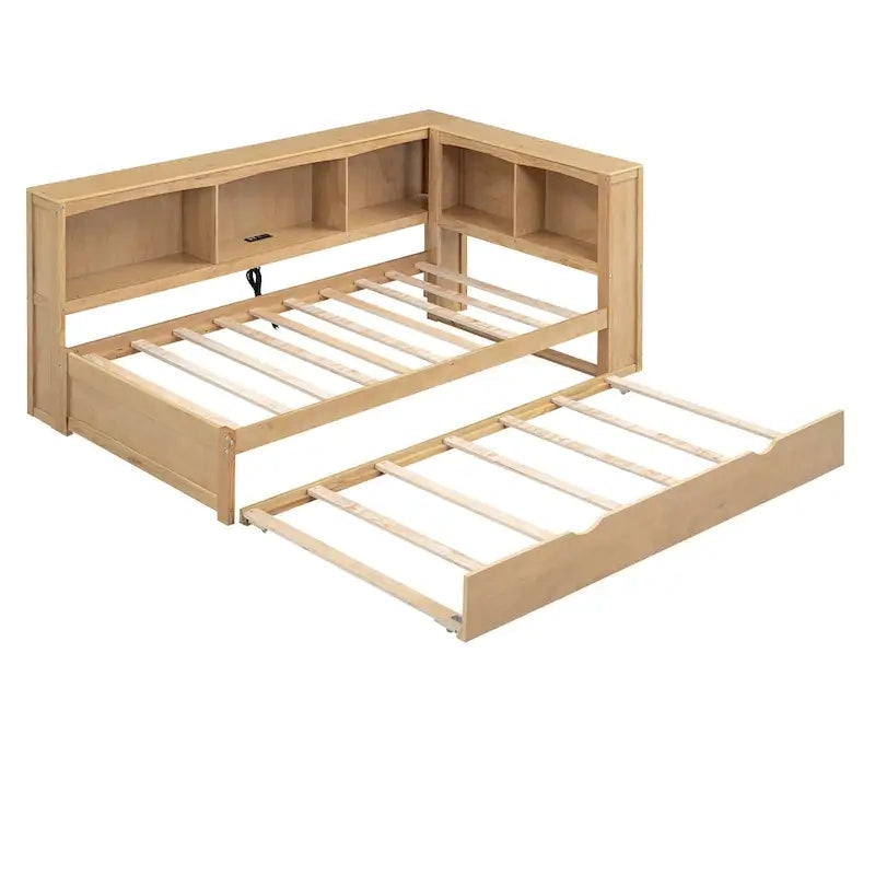 Lit de jour double en bois avec lit gigogne, 5 armoires de rangement, port USB et prise de courant, bois de pin