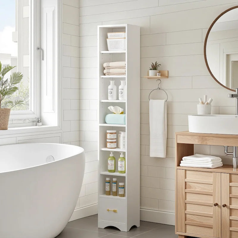 Armoire à Linge de Salle de Bain Étroite en Bois Massif à 8 Niveaux de 180 cm de Haut