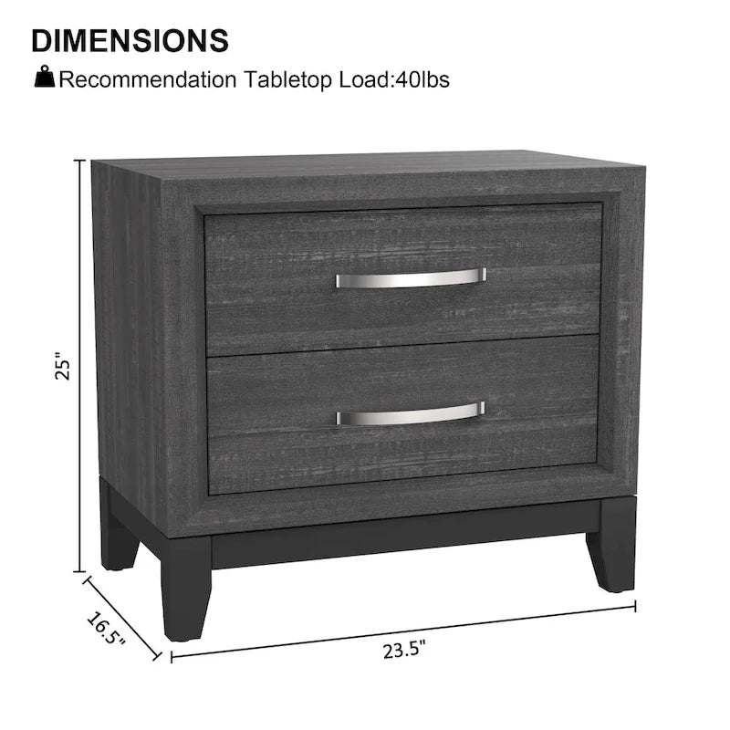 Table de chevet contemporaine en bois massif gris à 2 tiroirs