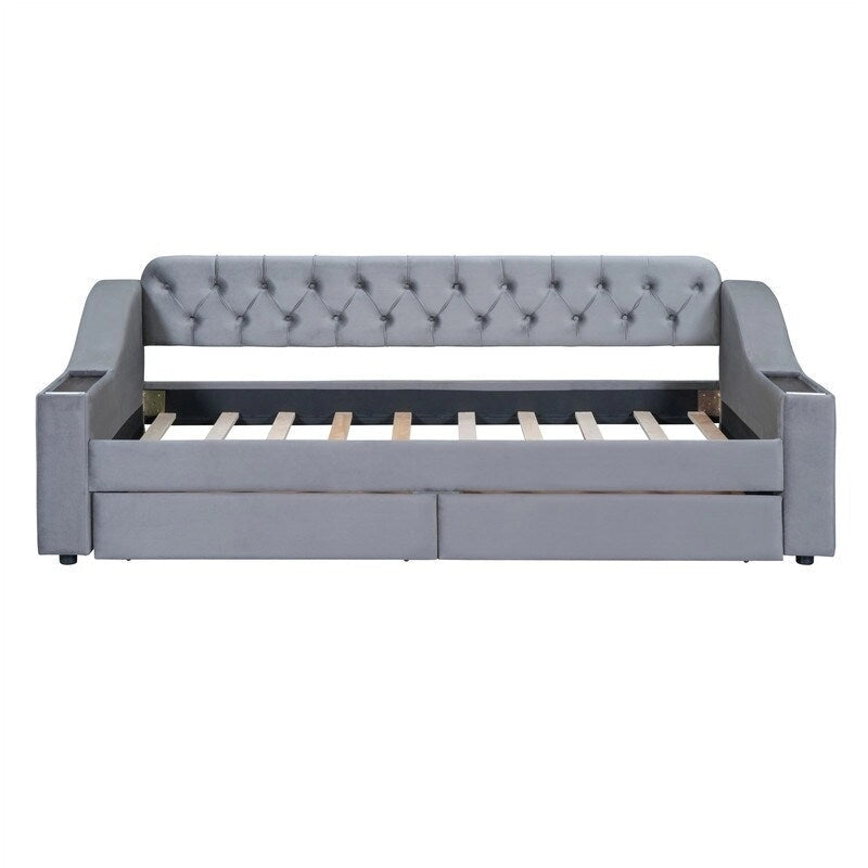 Lit de repos rembourré avec 2 tiroirs de rangement, cadre de lit de repos double avec accoudoirs de rangement et port USB, cadre de lit-canapé pour chambre à coucher