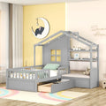 Lit cabane jumeau avec canapé, lit plateforme pour enfants avec deux tiroirs et étagère de rangement, gris