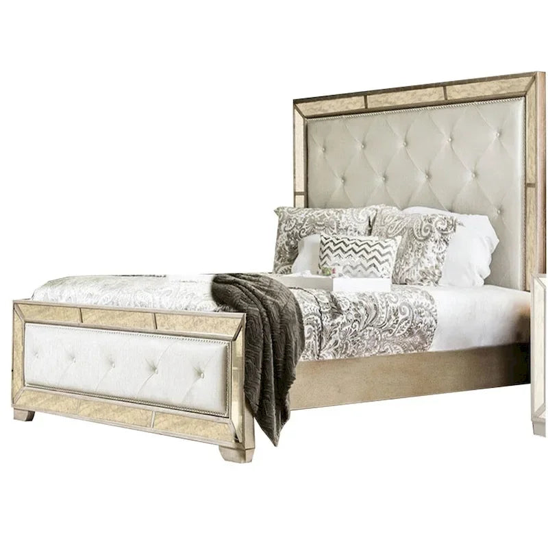Lit Queen Size en Bois Rembourré en Similicuir, Or et Argent
