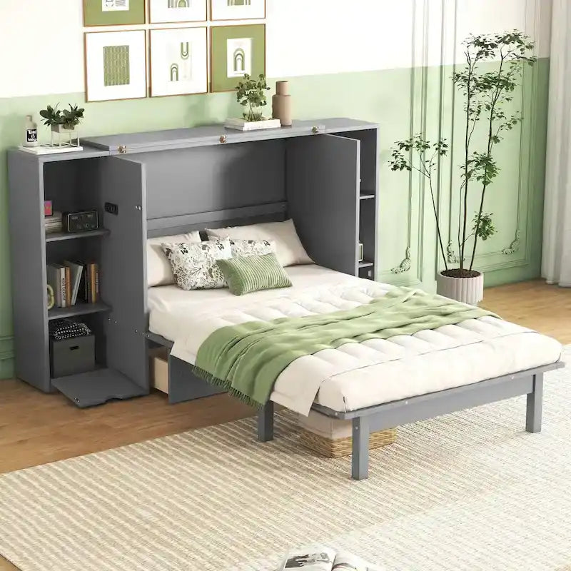 Lit escamotable Queen Size avec étagères, tiroirs et ports USB, Gris