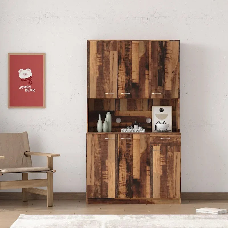 Grande armoire de style ferme rustique avec étagères, compartiment ouvert et tiroir, armoire de rangement autoportante